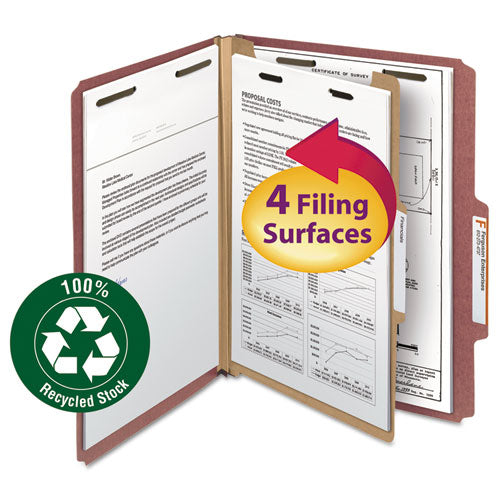 Recycled Pressboard Classification Folders, 3" Expansion, 3 Dividers, 8 Fasteners, Legal Size, Red Exterior, 10/box