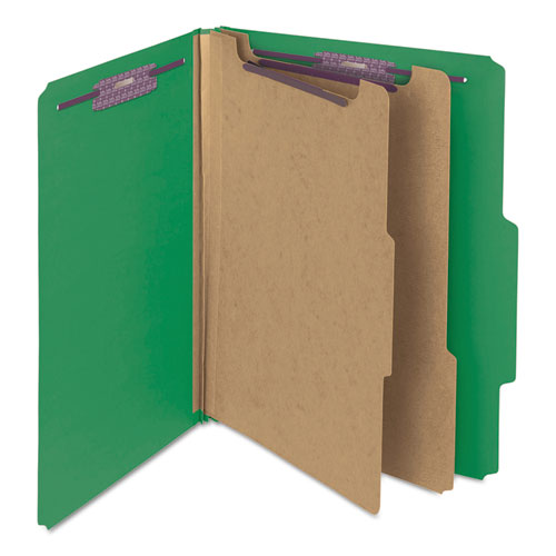 Six-section Pressboard Top Tab Classification Folders, Six Safeshield Fasteners, 2 Dividers, Letter Size, Green, 10/box