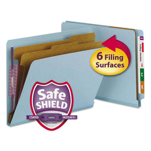 End Tab Pressboard Classification Folders, Six Safeshield Fasteners, 2" Expansion, 2 Dividers, Letter Size, Blue, 10/box