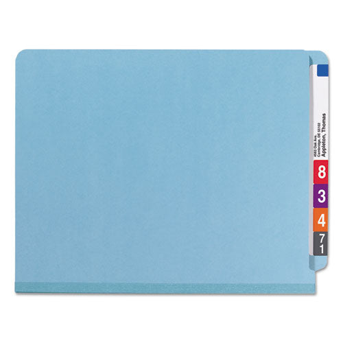 End Tab Pressboard Classification Folders, Six Safeshield Fasteners, 2" Expansion, 2 Dividers, Letter Size, Blue, 10/box