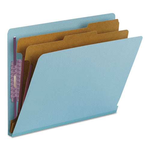 End Tab Pressboard Classification Folders, Six Safeshield Fasteners, 2" Expansion, 2 Dividers, Letter Size, Blue, 10/box