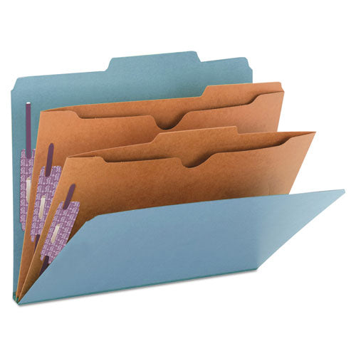 6-section Pressboard Top Tab Pocket Classification Folders, 6 Safeshield Fasteners, 2 Dividers, Letter Size, Blue, 10/box