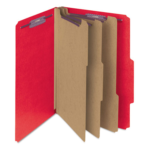 Eight-section Pressboard Top Tab Classification Folders, 8 Safeshield Fasteners, 3 Dividers, Letter Size, Bright Red, 10/box