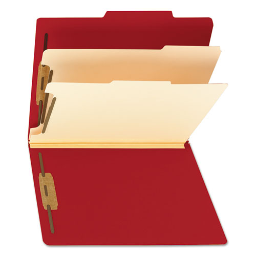 Top Tab Classification Folders, Six Safeshield Fasteners, 2" Expansion, 2 Dividers, Letter Size, Red Exterior, 10/box