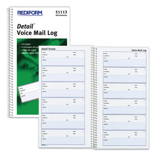 Detail Wirebound Voice Mail Log Book, One-part (no Copies), 5 X 1.63, 6 Forms/sheet, 600 Forms Total