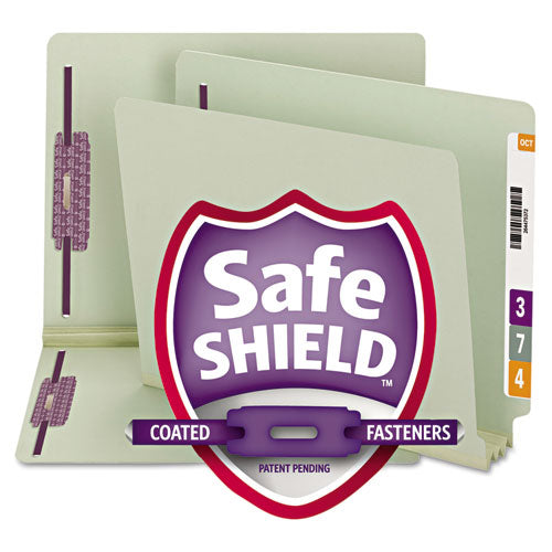 End Tab Pressboard Classification Folders, Two Safeshield Coated Fasteners, 3" Expansion, Legal Size, Gray-green, 25/box