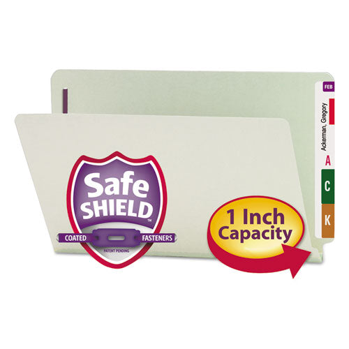 End Tab Pressboard Classification Folders, Two Safeshield Coated Fasteners, 1" Expansion, Legal Size, Gray-green, 25/box