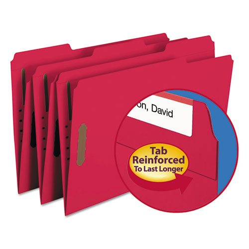 Top Tab Colored Fastener Folders, 0.75" Expansion, 2 Fasteners, Legal Size, Red Exterior, 50/box