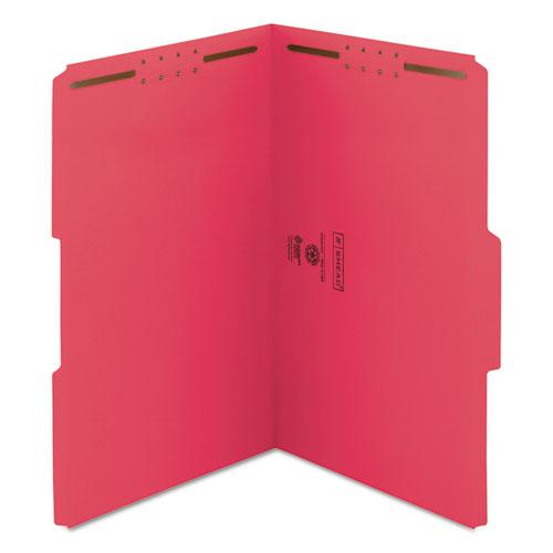 Top Tab Colored Fastener Folders, 0.75" Expansion, 2 Fasteners, Legal Size, Red Exterior, 50/box