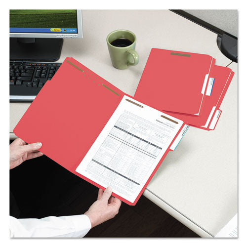 Top Tab Colored Fastener Folders, 0.75" Expansion, 2 Fasteners, Legal Size, Red Exterior, 50/box