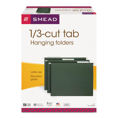 Hanging Folders, Letter Size, 1/3-cut Tabs, Standard Green, 25/box