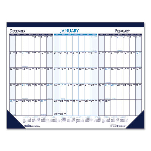 Three Month Desk Pad, 22 X 17, White/blue/teal Sheets, Blue Binding, Blue Corners, 14-month (dec To Jan): 2022 To 2024