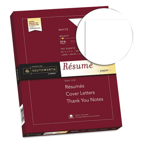 100% Cotton Resume Paper, 95 Bright, 24 Lb Bond Weight, 8.5 X 11, White, 100/pack