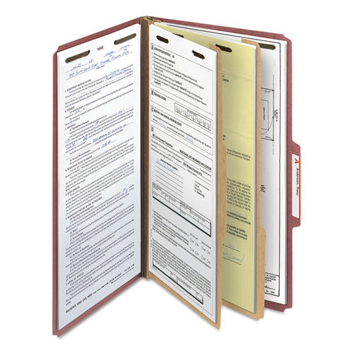 Recycled Pressboard Classification Folders, 2" Expansion, 2 Dividers, 6 Fasteners, Legal Size, Red Exterior, 10/box