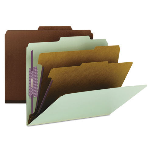 Pressboard Classification Folders, Six Safeshield Fasteners, 2/5-cut Tabs, 2 Dividers, Letter Size, Gray-green, 10/box