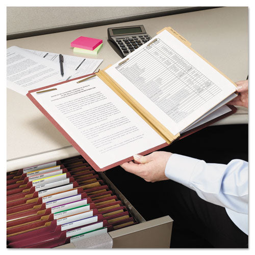 Pressboard Classification Folders, Six Safeshield Fasteners, 2/5-cut Tabs, 2 Dividers, Letter Size, Red, 10/box