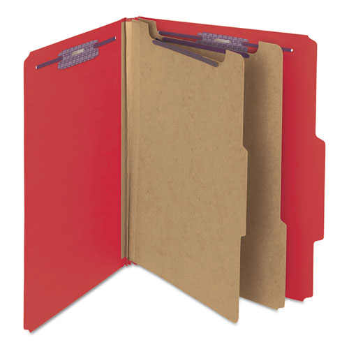 Six-section Pressboard Top Tab Classification Folders, Six Safeshield Fasteners, 2 Dividers, Letter Size, Bright Red, 10/box