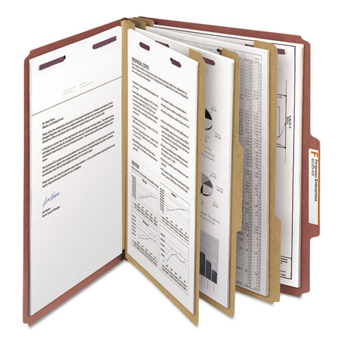 Pressboard Classification Folders, Eight Safeshield Fasteners, 2/5-cut Tabs, 3 Dividers, Letter Size, Red, 10/box