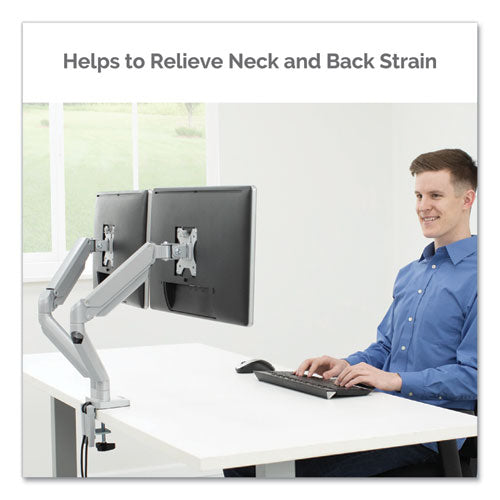 Platinum Series Dual Monitor Arm, For 27" Monitors, 360 Deg Rotation, 45 Deg Tilt, 180 Deg Pan, Silver, Supports 20 Lb