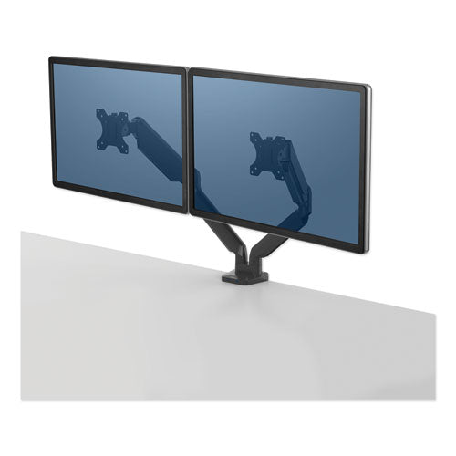 Platinum Series Dual Monitor Arm, For 27" Monitors, 360 Deg Rotation, 45 Deg Tilt, 180 Deg Pan, Silver, Supports 20 Lb