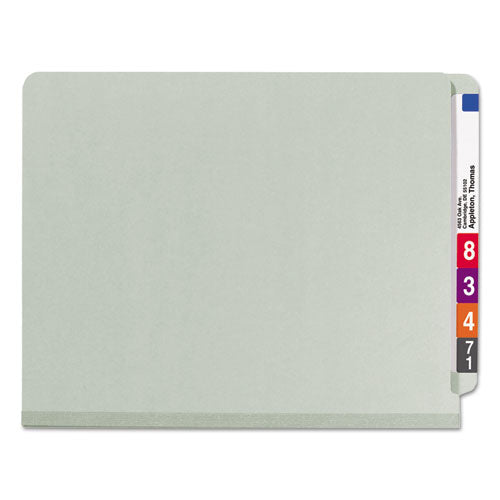 End Tab Pressboard Classification Folder, Eight Safeshield Fasteners, 3" Expansion, 3 Dividers, Letter Size, Gray-green,10/bx