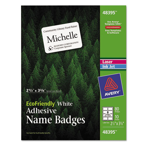 Ecofriendly Adhesive Name Badge Labels, 3.38 X 2.33, White, 400/box
