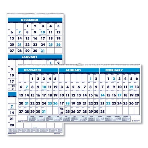 Recycled Three-month Format Wall Calendar, Horizontal Orientation, 23.5 X 12, White Sheets, 14-month (dec-jan): 2022-2024