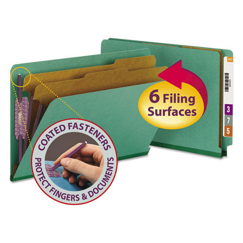 End Tab Pressboard Classification Folders, Six Safeshield Fasteners, 2" Expansion, 2 Dividers, Legal Size, Green, 10/box