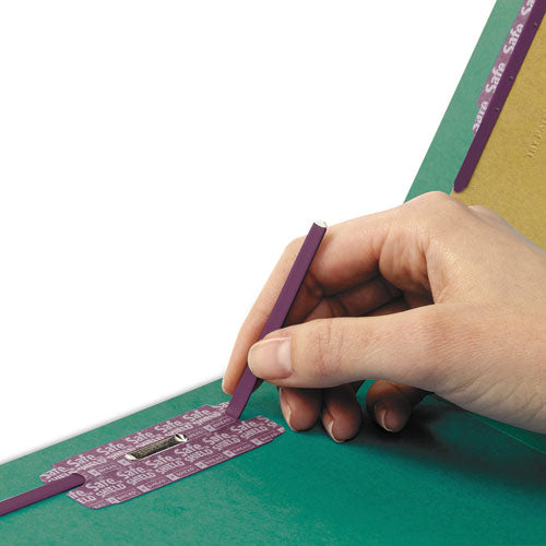 End Tab Pressboard Classification Folders, Six Safeshield Fasteners, 2" Expansion, 2 Dividers, Legal Size, Green, 10/box