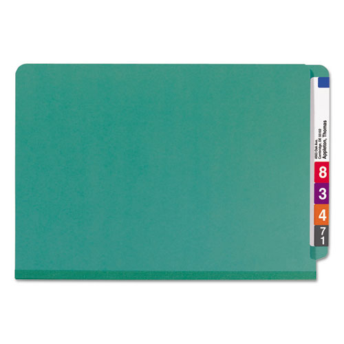 End Tab Pressboard Classification Folders, Six Safeshield Fasteners, 2" Expansion, 2 Dividers, Legal Size, Green, 10/box