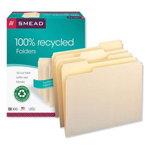 100% Recycled Manila Top Tab File Folders, 1/3-cut Tabs: Assorted, Letter Size, 0.75" Expansion, Manila, 100/box