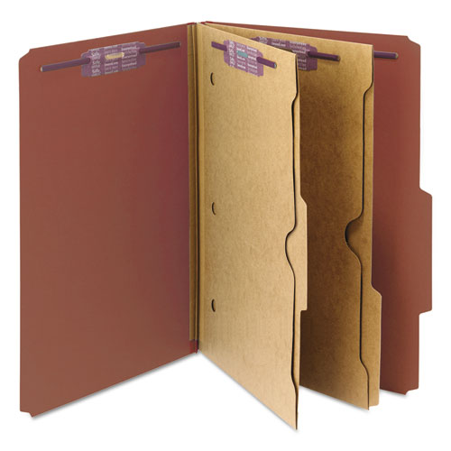 6-section Pressboard Top Tab Pocket Classification Folders, 6 Safeshield Fasteners, 2 Dividers, Legal Size, Red, 10/box