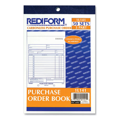 Purchase Order Book, 12 Lines, Three-part Carbonless, 5.5 X 7.88, 50 Forms Total