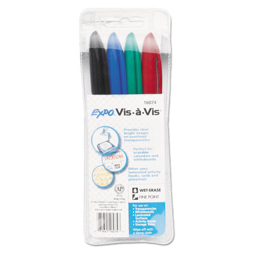 Vis-a-vis Wet Erase Marker, Fine Bullet Tip, Assorted Colors, 4/set