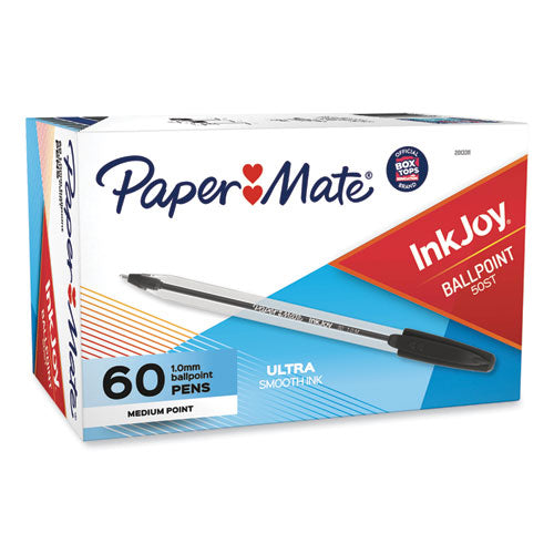 Inkjoy 50st Ballpoint Pen, Stick, Medium 1 Mm, Black Ink, White/black Barrel, 60/pack