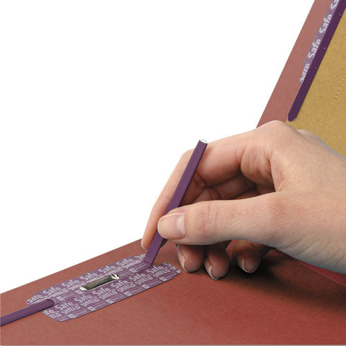 End Tab Pressboard Classification Folders, Eight Safeshield Fasteners, 3" Expansion, 3 Dividers, Letter Size, Red, 10/box