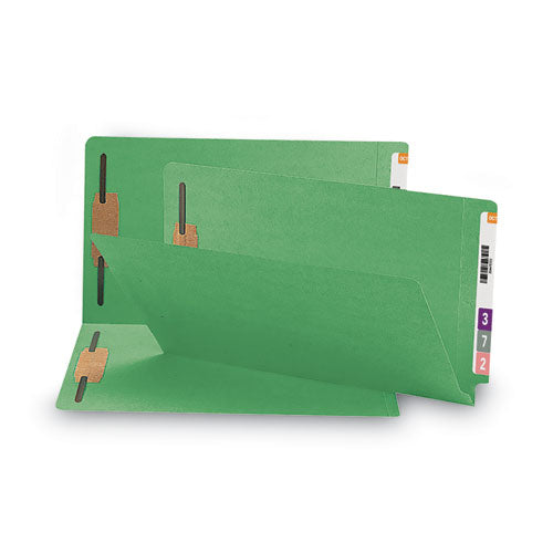Heavyweight Colored End Tab Fastener Folders, 0.75" Expansion, 2 Fasteners, Legal Size, Green Exterior, 50/box