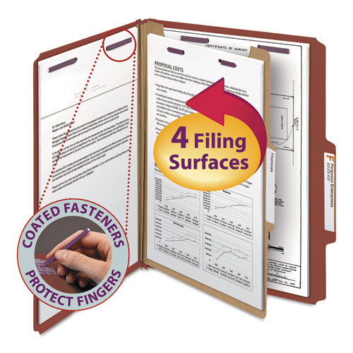 Pressboard Classification Folders, Four Safeshield Fasteners, 2/5-cut Tabs, 1 Divider, Letter Size, Red, 10/box