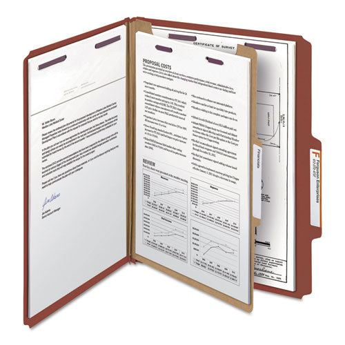 Pressboard Classification Folders, Four Safeshield Fasteners, 2/5-cut Tabs, 1 Divider, Letter Size, Red, 10/box