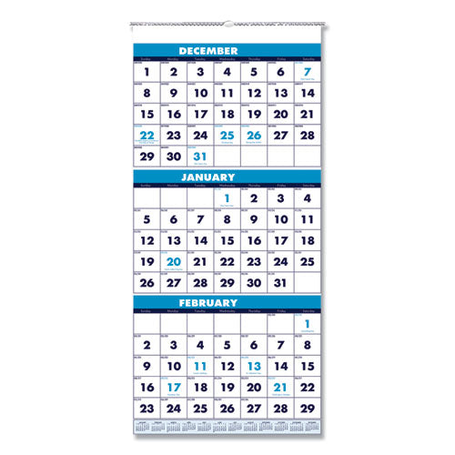 Recycled Three-month Format Wall Calendar, Vertical Orientation, 12.25 X 26, White Sheets, 14-month (dec-jan): 2022-2024