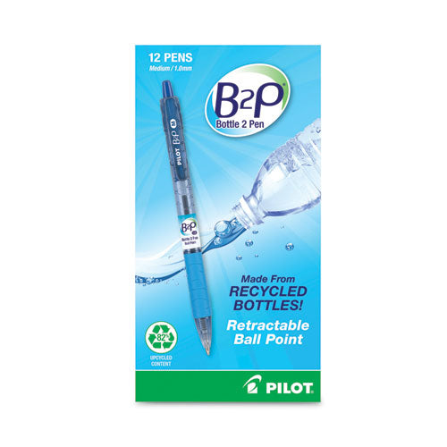 B2p Bottle-2-pen Recycled Ballpoint Pen, Retractable, Medium 1 Mm, Blue Ink, Translucent Blue Barrel, Dozen