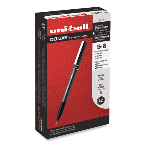 Deluxe Roller Ball Pen, Stick, Micro 0.5 Mm, Red Ink, Metallic Gray Barrel, Dozen