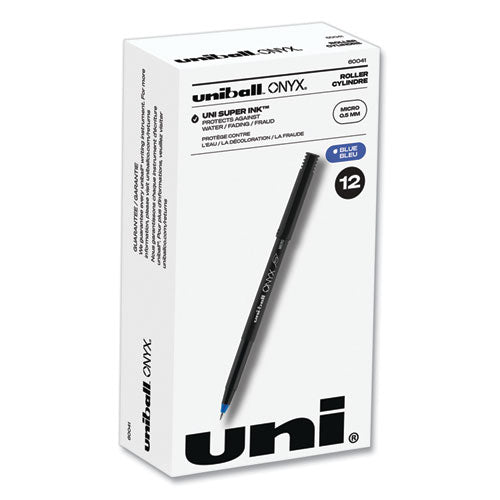 Onyx Roller Ball Pen, Stick, Micro 0.5 Mm, Blue Ink, Black Matte Barrel, Dozen