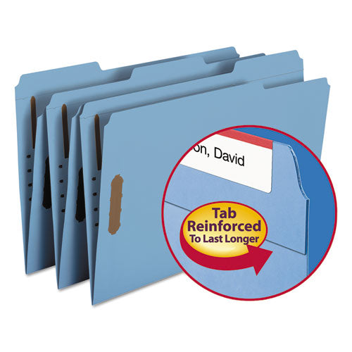 Top Tab Colored Fastener Folders, 0.75" Expansion, 2 Fasteners, Legal Size, Blue Exterior, 50/box