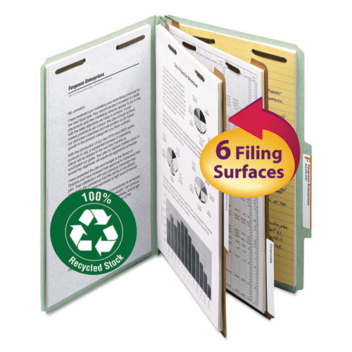 Recycled Pressboard Classification Folders, 2" Expansion, 2 Dividers, 6 Fasteners, Legal Size, Gray-green, 10/box