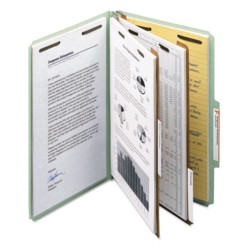 Recycled Pressboard Classification Folders, 2" Expansion, 2 Dividers, 6 Fasteners, Legal Size, Gray-green, 10/box