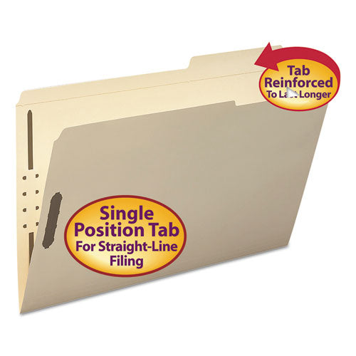 Top Tab Fastener Folders, Guide-height 2/5-cut Tabs, 0.75" Expansion, 2 Fasteners, Legal Size, 11-pt Manila, 50/box