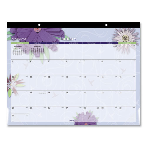 Paper Flowers Desk Pad, Floral Artwork, 22 X 17, Black Binding, Clear Corners, 12-month (jan To Dec): 2023