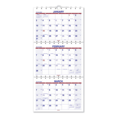 Move-a-page Three-month Wall Calendar, 12 X 27, White/red/blue Sheets, 15-month (dec To Feb): 2022 To 2024