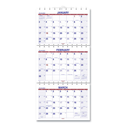 Move-a-page Three-month Wall Calendar, 12 X 27, White/red/blue Sheets, 15-month (dec To Feb): 2022 To 2024